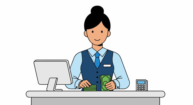 A cashier counts money at a desk with a computer and calculator