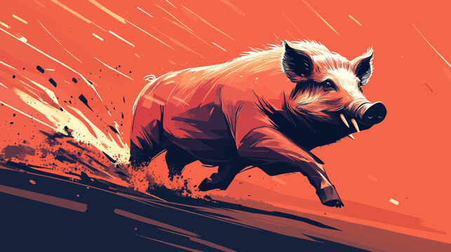 A bold stylized boar charges across a splashy orange backdrop with swift motion