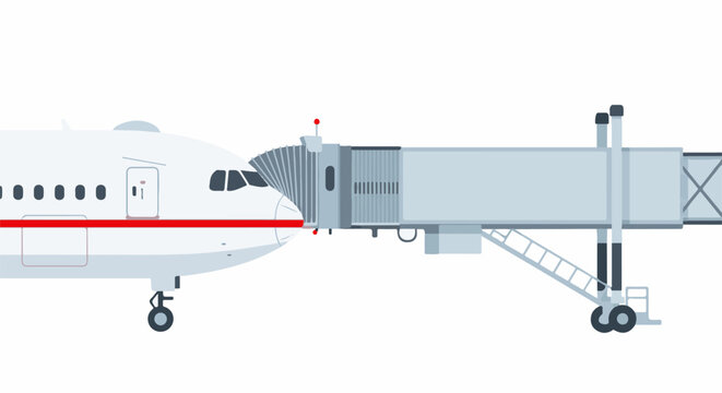 An airplane with a jet bridge connected at an airport gate