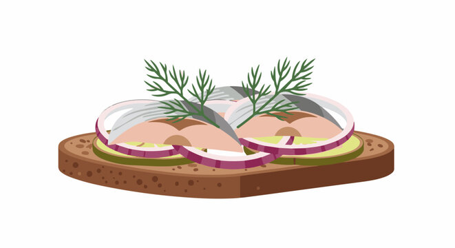A slice of rye bread topped with pickles, red onion rings, fish, and dill