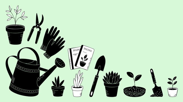 Flat vector wide banner layout with gardening gloves, seeds, fertilizer for plant care promotional design