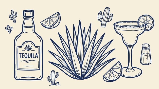 Minimalist vector illustration of a tequila bottle with agave plant and margarita cocktail glass in a creative black and white line art doodle style for drink beverage branding and menu design.