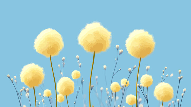 Bright blue sky with fluffy yellow globe flowers towering! over a sunlit meadow