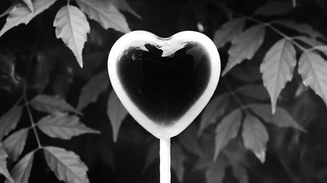 Black and white close up of a heart-shaped lollipop with a backdrop of green leaves