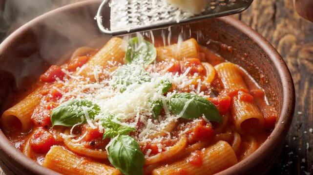 Grating parmesan cheese over steaming rigatoni pasta with tomato sauce