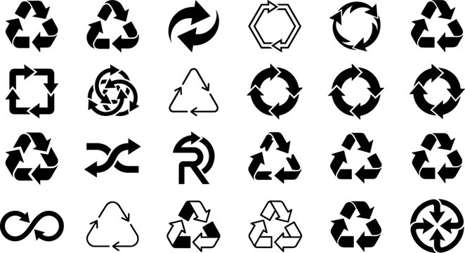 Recycle arrow symbol vector icon set with infinity loops circles and geometric triangles for sustainable product packaging designs