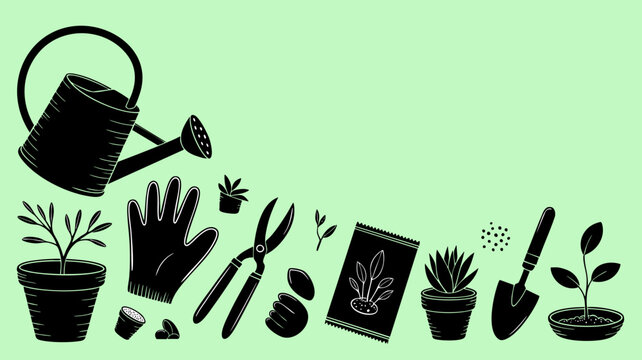 Hand drawn black horizontal banner with watering can, plant pots, secateurs for garden website header