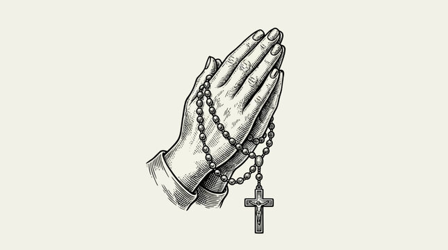 Elegant vintage engraving illustration of a spiritual woman holding her praying hands with a sacred rosary cross, monochrome black vector icon isolated on a clean white background.