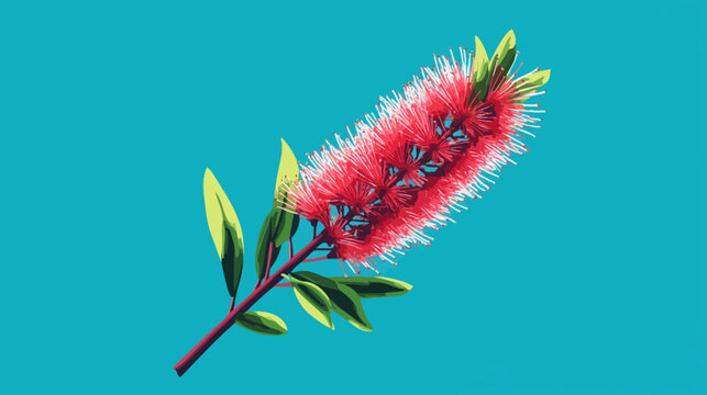 A vibrant pink bottlebrush flower with green leaves diagonally set against teal