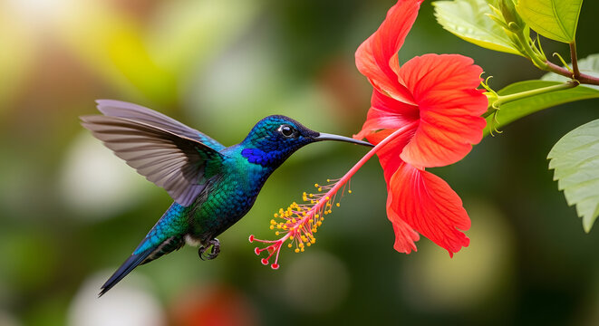 Blue hummingbird hovering near red hibiscus flower in tropical garden.