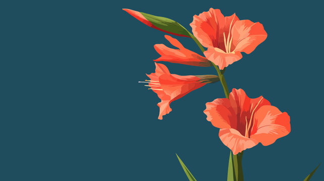 Orange and pink flowering plant with green stem and leaves against dark blue backdrop. Sunlight illuminates petals showcasing intricate shapes. Predominant color scheme features reds and golds