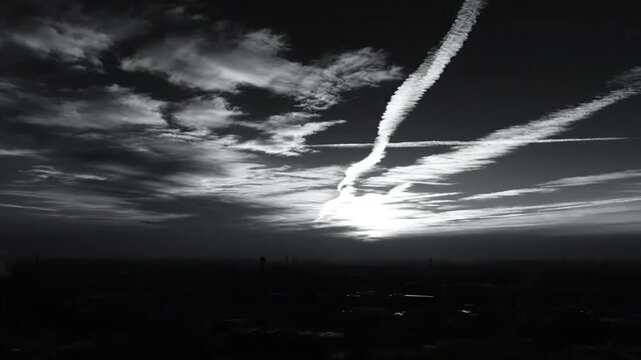 Dramatic black and white photograph of a cloudy sky with airplane contrails above a dark landscape