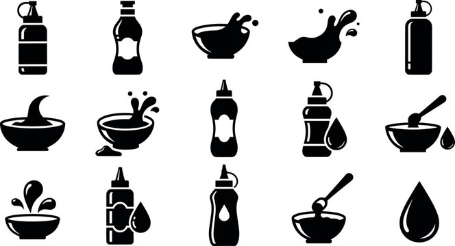Sauce bottle and bowl black glyph icon set with ketchup mustard squeeze bottles splashes and liquid drops vector