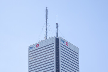 Naklejka premium Toronto, ON, Canada - June 19, 2018: Bank of Montreal (BMO) operational executive headquarters in First Canadian Place skyscraper on King Street West in Toronto, ON, Canada. 