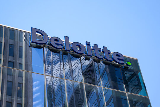 Toronto, Ontario, Canada - June 19, 2018: Closeup of Deloitte sign on the building in Toronto, Ontario, Canada. Deloitte is a British multinational professional services network. 
