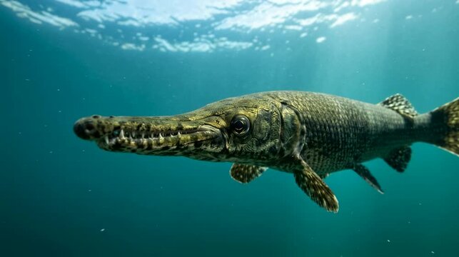 Alligator Gar fishclose up underwater 4K