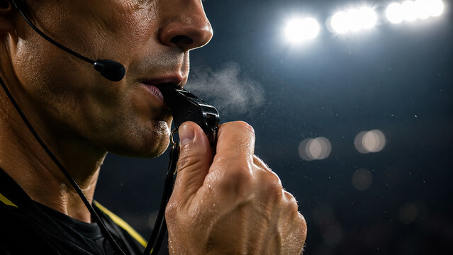 Close-up of a football referee blowing a whistle during a match, signaling the start or end of play, foul, or calling player, copy space