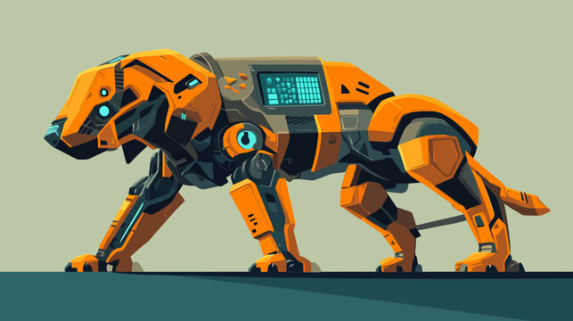 An orange futuristic robotic quadruped with a cyan-lit cockpit and angular armor