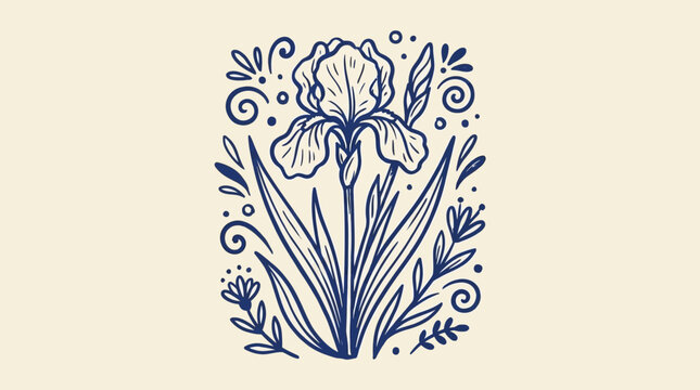 Intricate hand drawn iris flower illustration in a traditional folk art style with decorative botanical elements and artistic floral patterns isolated on white for creative graphic design projects.