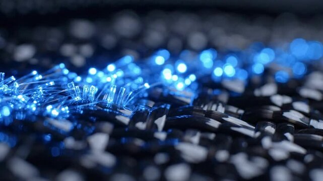 Extreme close-up of woven carbon fiber with blue fiber optic strands