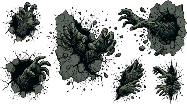 Scary zombie hands breaking through stone wall collection creepy monster claws punching cracked concrete holes isolated vector illustration set
