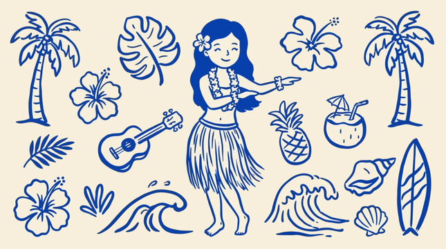 Traditional Hawaiian dancer character with exotic floral motifs, palm leaves, ukulele, and hibiscus flowers in a playful hand-drawn doodle style, vector art collection for summer decor.