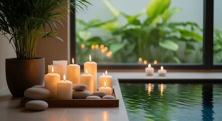 Obraz premium Burning candles and zen stones on a wooden tray by a calm indoor pool