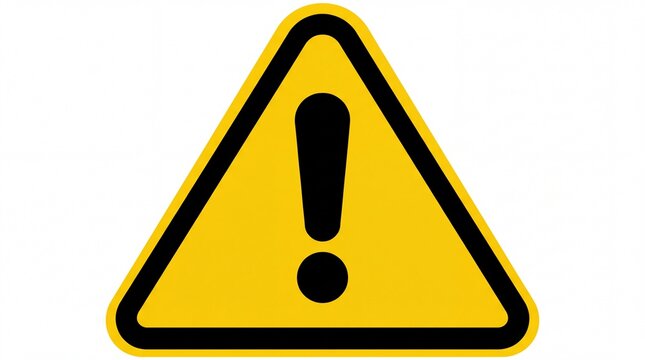 Bold yellow triangle warning sign featuring a black exclamation mark icon displayed on white background