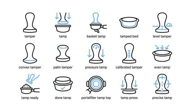 Coffee tamper icons illustrating tamping actions in grid layout