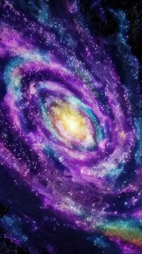 A swirling cosmic nebula painted in vibrant hues of purple, blue, and gold, with a luminous galactic core at its center.