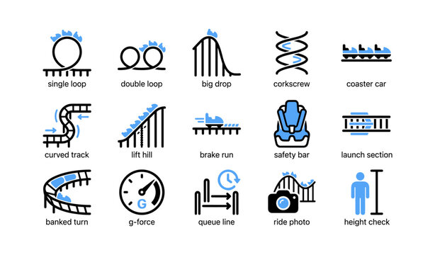 Roller coaster ride icons arranged in grid on white background