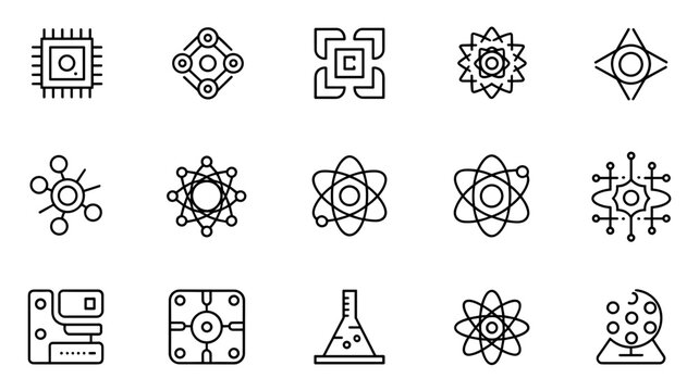 Atom and qubit research outline icons &ndash; Perfect for academic research journals, nanotechnology articles, or lab software.