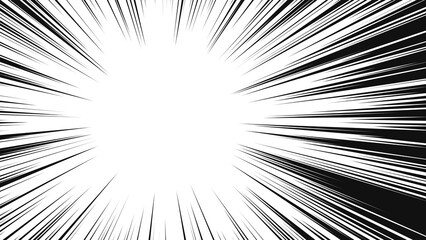 Fototapeta premium Asymmetric manga-style radial speed burst effect, high-contrast black and white comic book action lines with uneven density, intense motion background where lines converge toward the center with thick