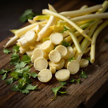 Freshly cut hearts of palm, whole and sliced, with vibrant green herbs on a rustic wooden board, ready for culinary use.