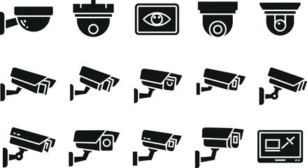 Security camera silhouette icon set with cctv dome surveillance monitors and wall mounted privacy protection vector illustration © ISMOTARA