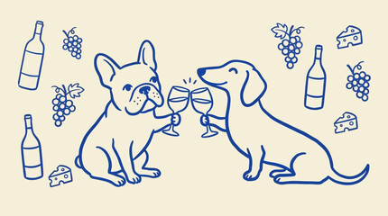 Naklejka premium Whimsical naive vector art depicting a cute French bulldog and a dachshund puppy clinking glasses of red wine together in a festive toast celebration, hand-drawn minimalist flat cartoon style
