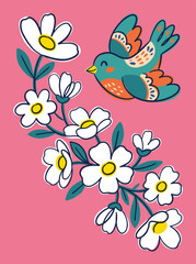 Fototapeta premium Colorful Songbird Among White Flowers on a Pink Background