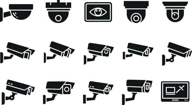 Security camera silhouette icon set with cctv dome surveillance monitors and wall mounted privacy protection vector illustration