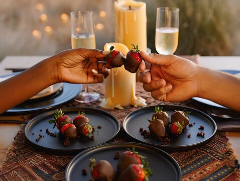 Toasting Chocolate Strawberries at Romantic Candlelit Dinner