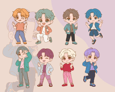 Cute Kpop Boy Chibi Character Set Cartoon Idol Group Vector Clipart Collection