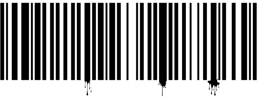 C&oacute;digo de barras negro derriti&eacute;ndose con gotas de pintura aisladas sobre fondo blanco, concepto abstracto de comercio y crisis.
