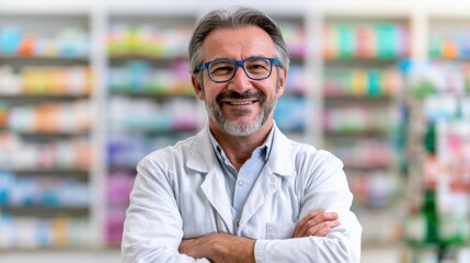 Obraz premium Confident Smiling Male Pharmacist with Gray Hair in Pharmacy