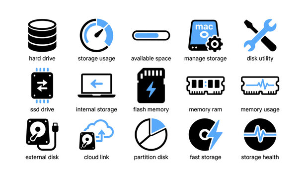 Data storage and disk icons illustrating drives and memory in grid