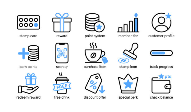 Loyalty and reward icons showing program features in grid