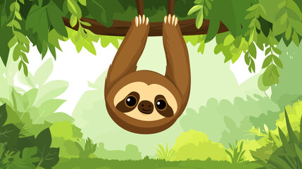 Fototapeta premium A playful sloth hangs from a branch in a lush jungle with a wide friendly smile!