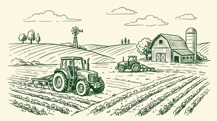Obraz premium Artistic ink sketch vector illustration featuring a vintage agricultural tractor operating in a vast rural farm landscape with rolling hills and traditional barn house scenery.