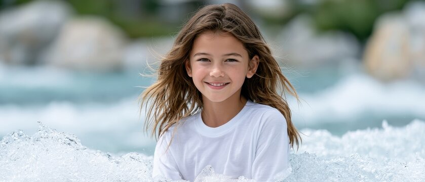 Smiling girl outdoors in snowy winter landscape, joyful childhood portrait, seasonal lifestyle, happiness and freedom concept.