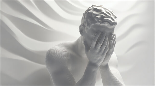 A contemplative figure with hands over their face, embodying introspection and emotional depth in a minimalist environment.
