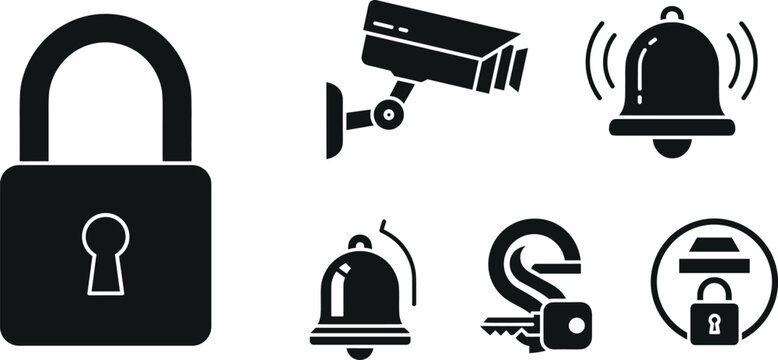 Security system vector icon set with padlock surveillance cctv camera alarm bell and key silhouette safety design elements