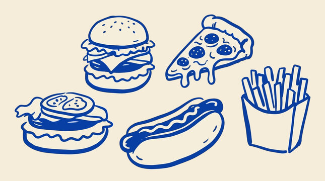 Detailed fast food doodle vector illustration featuring a delicious hamburger, cheesy pizza slice, classic sausage hotdog, and crispy potato french fries in a playful hand-drawn sketch style.